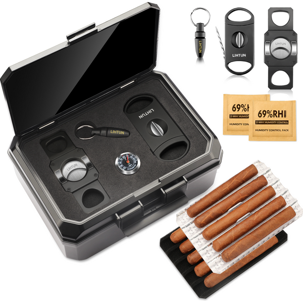 Boîte à cigares de voyage portable avec 2 coupe-cigares, 1 perforateur à cigares, hygromètre - Ensemble complet d'accessoires pour fumer en déplacement
