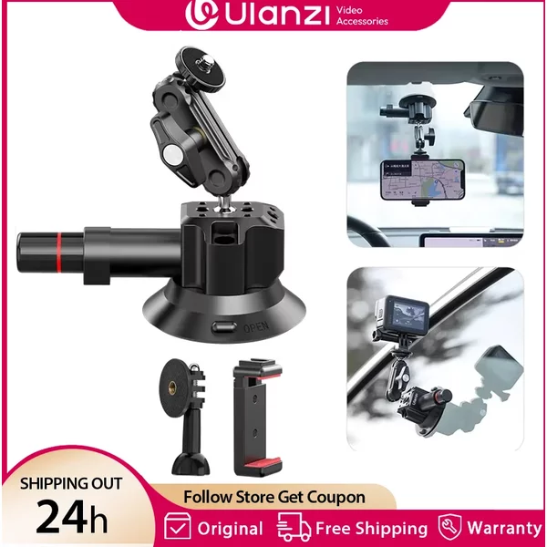 Ulanzi Car Phone Action Camera Holder Hand Pump Suction Cup 360° Adjustable 1/4" for GoPro for Insta360 DJI Action Smart Phone