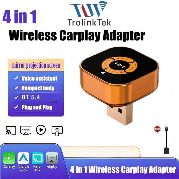 TrolinkTek 2026 Upgrade Adapter 4w1 Carplay Bezprzewodowy Android Auto Mirror Link Smart MiNi AI Box USB Auto Connect Plug and Play