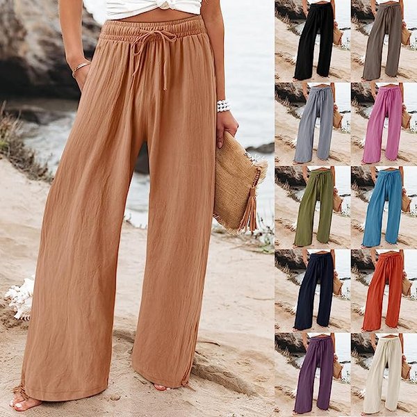 RX6610 Autumn and Winter 2023 AliExpress Europe and America Cross border Women's New Cotton and Hemp Wide Leg Drawstring Beach P