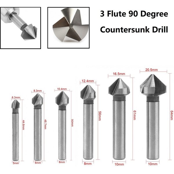 Foret à fraise à 3 cannelures, outils de chanfreinage à 90 degrés, coupe-chanfreinage, outil de perçage de trous en bois et en métal, 1/6 pièces