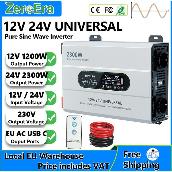 ZeroEra 1200W/2300W Reiner Sinus-Wechselrichter 12V/24V Dualspannung auf 230V AC 50Hz für Wohnmobil, LKW, Camper, Reisen, Zuhause mit EU-Wechselstromsteckdosen, Fernbedienung, LCD-Bildschirm, EU-Lager