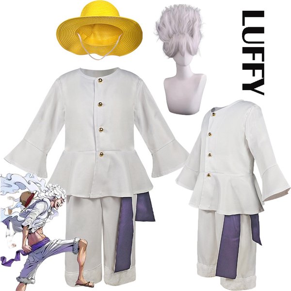 Luffy Cosplay Gear 5 Anime Monkey D Luffy Cosplay Costume Straw Hat Wig Country Sun God Nika Form White Suits Halloween Costumes