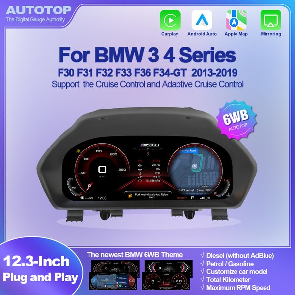 AUTOTOP 12.3 Inch 6WB Virtual Cockpit Digital Instrument Cluster Panel for BMW 3 4 series F30 F31 F32 F33 F34-GT F36 2013-2020, OEM Style Dashboard Speedometer Display Upgrade, Wireless CarPlay