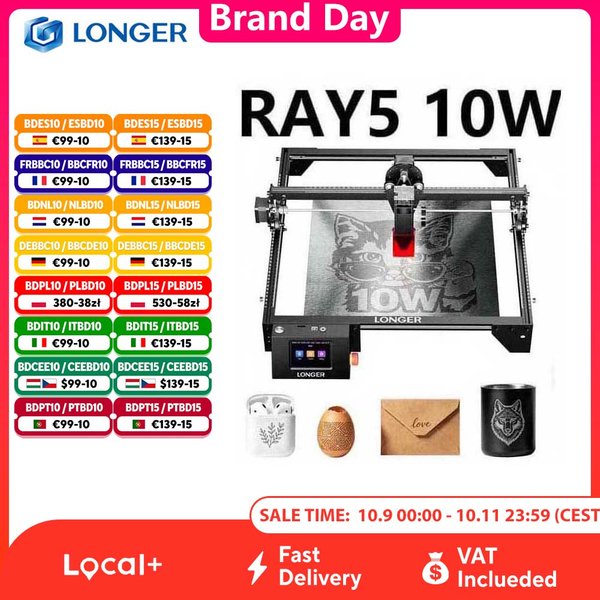 Grawerka laserowa LONGER RAY5 10W, punkt laserowy 0,06 x 0,06 mm, obszar roboczy 400 x 400 mm, chip 32-bitowy, ekran dotykowy, grawerowanie offline, przecinarka laserowa do drewna, akrylu, skóry i