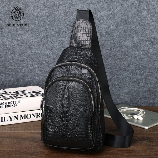SCHLATUM-Sac à bandoulière sport décontracté en cuir véritable pour homme, sac initié, sac de poitrine motif crocodile noir, 100%