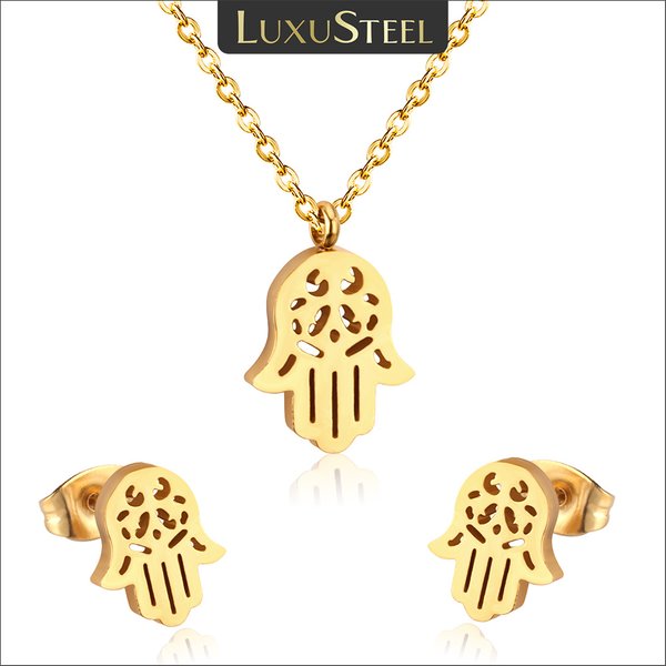 LUXUSTEEL Hip Hop Hamsa Hand Anhänger Halskette Ohrringe Für Frauen Männer Amulett Edelstahl Türkische Glück Schmuck Sets