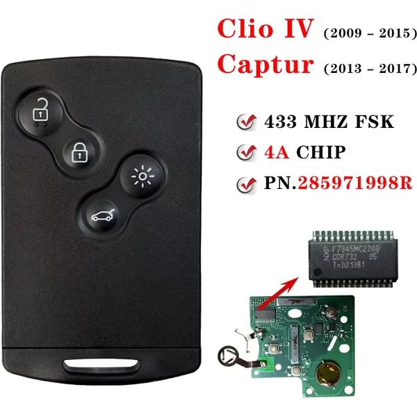 Dla 2009 2010 2014 2015 2017 Zestaw głośnomówiący Renault Clio IV Captur 285971998 R Keyless Smart Card Key 4A Chip 433 MHz