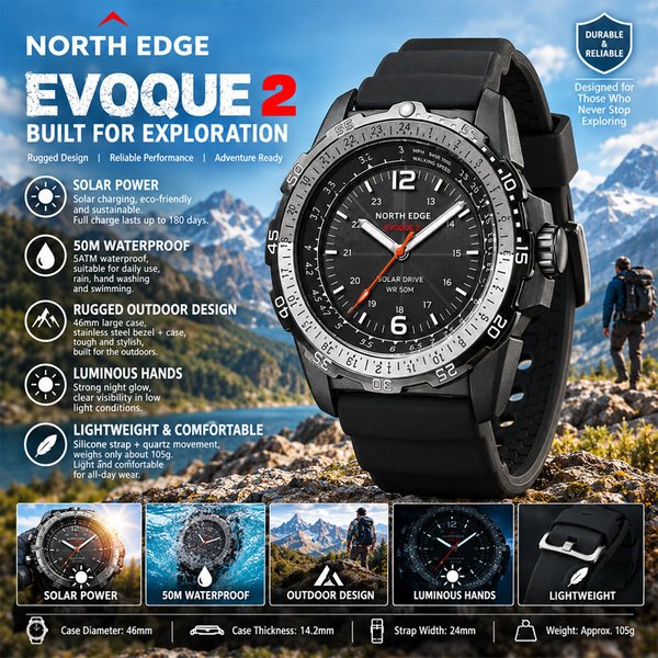 Nouvelle montre de sport à quartz pour homme NORTH EDGE EVOQUE2 2026, étanche 50M, montre-bracelet tactique militaire, grand cadran, aiguilles lumineuses, affichage 24 heures, design robuste et