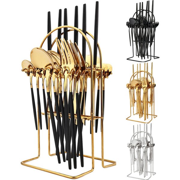 JANKNG 24Pcs Dinnerware Set Stainless Steel Cutlery Set Kitchen Tableware Knife Fork Spoon Flatware Black Gold Silverware for 6