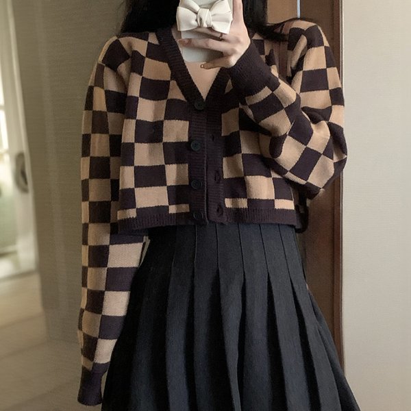 Cardigan court en damier pour femme, col en V, pulls boutonnés, tenue d'automne et d'hiver