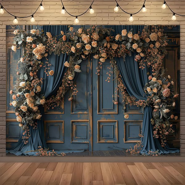 1, eleganter, floraler Hochzeitstag-Hintergrund, romantisches Rosen- und Vorhangdesign, geeignet für Geburtstage und Verpflichtungen