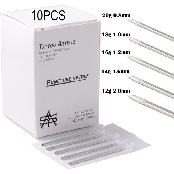 Aiguilles de perçage stériles jetables 12G-20G, 10 pièces, fourniture de tatouage de qualité médicale, oreille, nez, langue, lèvres, nombril, outils de perçage