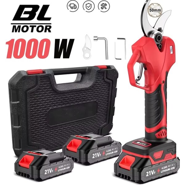 1000W 50mm Elektrische Astschere Bürstenlose Akku-Astschere Garten-Obstbaum-Astschere Elektrowerkzeug mit 2 Akkus