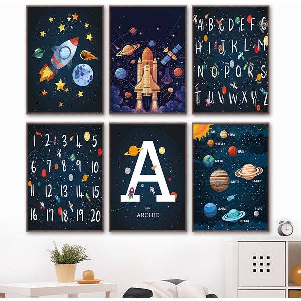 Planet Rocket Number Alphabet Nursery Wall Art Canvas Painting Nordic Poster And Print Wall Pictures Kids Room Decor