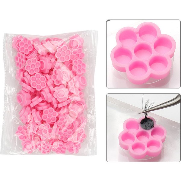 100 Pcs Pink Flower Glue Delay Cup Grafting Lashes Makeup Tool Tattoo Adhesive Pigment Cups Eyelash Extension Supplies