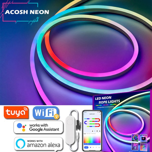 Bande lumineuse LED Tuya néon étanche, bande RGBIC, couleur rêveuse, effet de chasse, bande flexible, commande vocale, WiFi, 12V, 3-20m