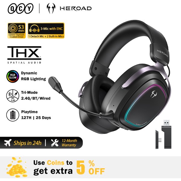 Casque Gamer THX Spatial Audio+ 7.1.4 RGB Tri-Mode 3 Micros ENC Over Ear pour PC PS4 PS5 QCY Heroad GT2