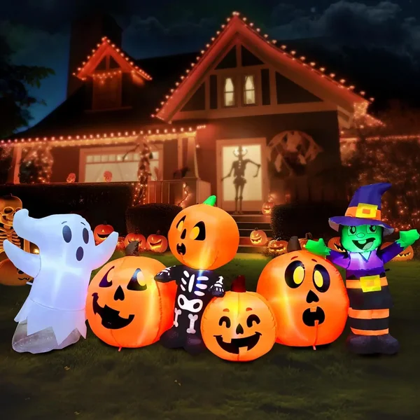 8 Fuß lange Halloween-Aufblasfigur mit drei Charakteren und Kürbisfeld, Outdoor-Dekoration, aufblasbare Hexe, Geist, Skelett für den Garten, als Halloween-Geschenk