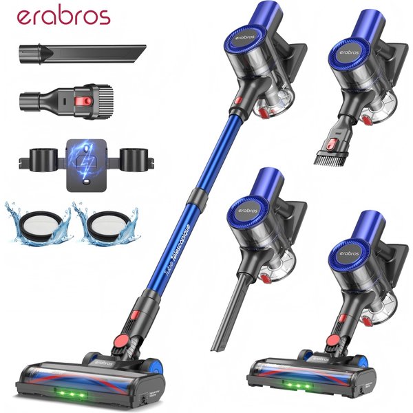Erabros EV2 450W Akku-Staubsauger, 55KPa Starke Saugkraft, Handstaubsauger mit LED-Anzeige, Freistehendes Design, Anti-Verwicklungsbürste, bis zu 55 Min. Laufzeit, Handstaubsauger für Hartböden,