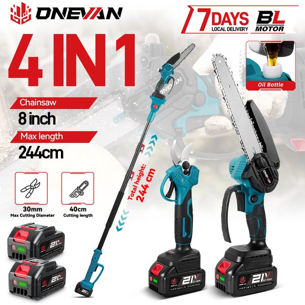ONEVAN Bürstenlose Elektrische 4-in-1 Hochleistungs-Astschere mit Teleskopstange, 8 Zoll Astschere für Makita-Akku