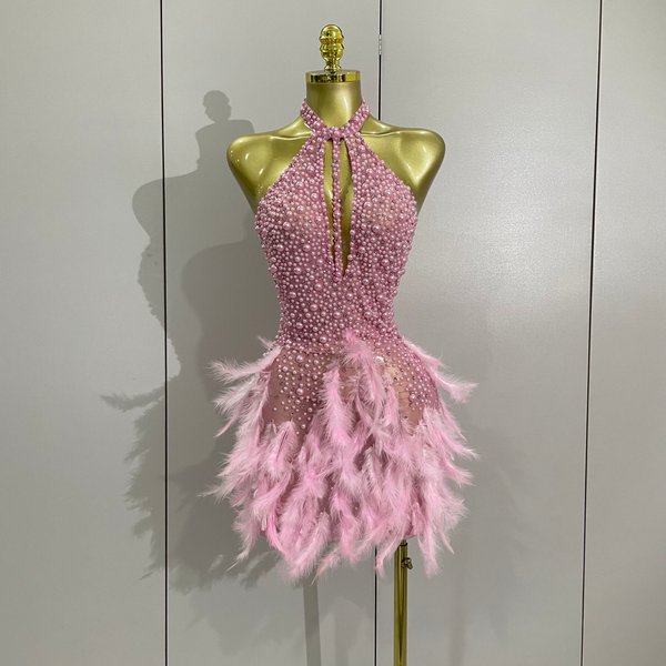 Women Luxury Rhinestones Pearls Feathers Halter Backless Short Dress Women Sexy Celebrate Birthday Dress Nightclub Stage Costume
