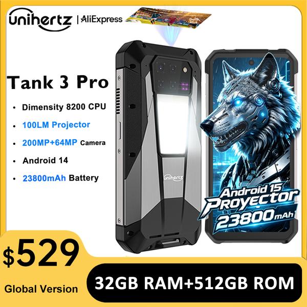 Unihertz Tank 3 Pro 8849 Robustes 5G-Smartphone Android mit 100 Lumen Projektor 32 GB 512 GB 23800 mAh 6,79 Zoll FHD wasserdichtes Telefon