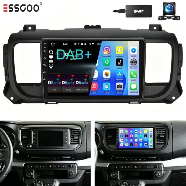 ESSGOO 4 GB RAM + 64 GB Speicher Autoradio mit Android 15, CarPlay und Multimedia-Player für Citroën Jumpy III, 3 SpaceTourer 1 und Peugeot Expert 3 (2016–2021). Funktionen: Multimedia-Player,