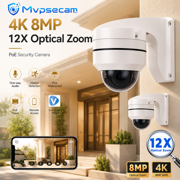4K 8MP PoE PTZ Dome-Kamera mit 12-fachem optischem Zoom, IP66 wasserdicht, für den Außenbereich, Überwachungskamera mit Bewegungserkennung, Einweg-Audio, Fernzugriff, Nachtsicht, ONVIF, H265,