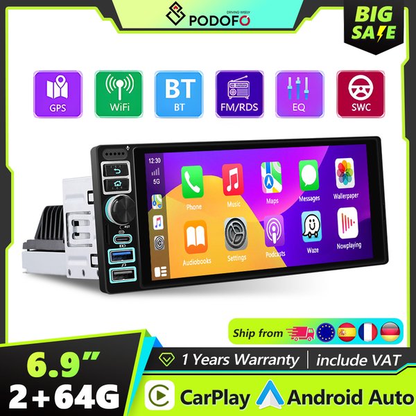 Podofo Android 6,9'' 1 DIN CarPlay Auto-Multimediaplayer Android Auto GPS-Navigation Intelligenter Auto-Player mit Mirror Link