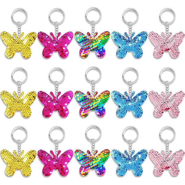 Porte-clés papillons à paillettes, 15 pièces, nouveaux accessoires de robe à la mode, pendentif pour enfants et adultes, cadeaux de fête de retour