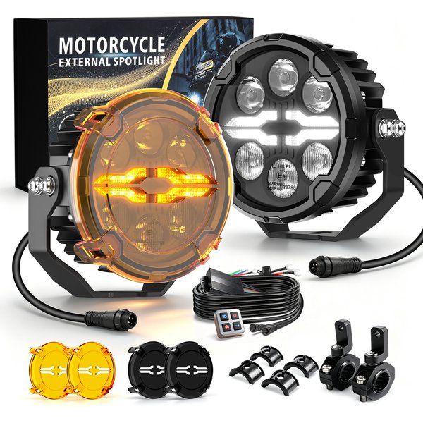BraveWay 4,5 Zoll Runde Motorrad-LED-Zusatzscheinwerfer 6-LEDs 2 Farben Weiß & Bernstein DRL Fern-/Abblendlicht Stroboskop-Blitz LED-Nebelscheinwerfer 12V für ADV Touring Motorrad R1200GS / R1250GS /
