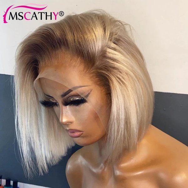 613 Blonde Lace Front perruques pour femmes court Bob brésilien perruque de cheveux humains racines brunes HD Transparent dentelle frontale perruques pré-plumées