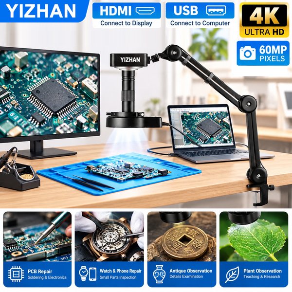 YIZHAN 60MP Elektronenmikroskop 4K HDMI USB Digitalmikroskop 360 ° Drehbare Verstärkungsarmkonstruktion, verstellbar, 1-150-fach Zoomobjektiv, LED-Lampe, verwendet für Leiterplattenlötarbeiten,