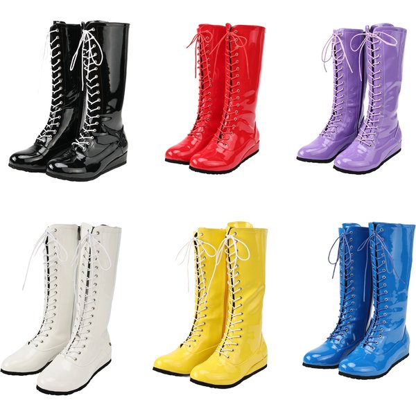 Bottes de cosplay pour hommes, en cuir brillant, bottes mi-mollet classiques à bout rond, à lacets, à talon compensé, bottes de boxe, cosplay d'Halloween