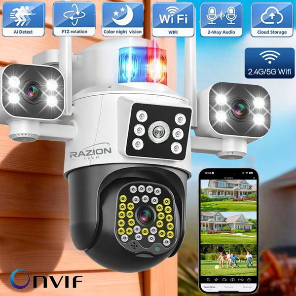 8K 15MP UHD Outdoor WiFi IP Camera Three Len Three Screen 360° 10X Zoom PTZ Security Camera Auto Tracking CCTV Wireless Surveillance Cameras RZ380 Onvif Two-way Audio Color Night Vision