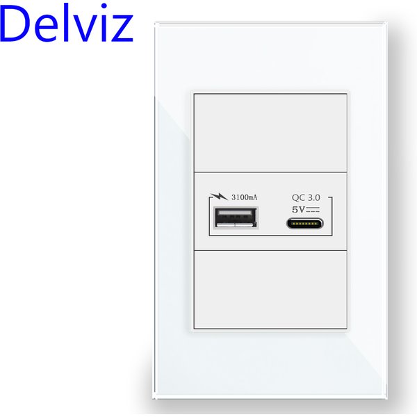 Delviz 1A1C Schnellladeanschluss, weiß/schwarze gehärtete Kristallglasscheibe, 120 mm x 72 mm, Brasilien-Standard, 18 W Typ-C-USB-Wandsteckdose