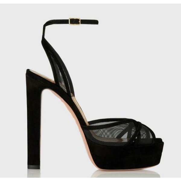 Schwarzbraune Wildleder- und Air-Mesh-Doppelplattform-Sandalen mit runder Peeptoe, Schnallenriemen und hohem Absatz – Runway High Heels Schuhe