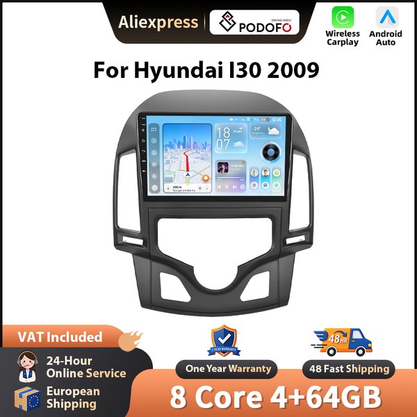 Podofo pour Hyundai I30 2009 CarPlay sans fil pour Apple Android Auto autoradio GPS Navigation FM WiFi BT multimédia stéréo RDS EQ