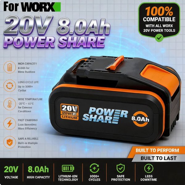 Für Worx 20V 8,0Ah Lithium-Ionen-Akku WA3551, WA3553 WX176 WX550 WX386 WXINO 3 WXGAIN, WX800, WU268. Versand aus Frankreich.