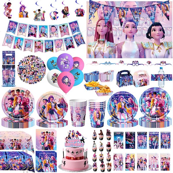 Ensemble de décorations pour fête d'anniversaire sur le thème des filles, ballons, vaisselle, gobelets, assiettes, serviettes, décoration de gâteau, bannière, sac cadeau, cadeaux et fournitures pour