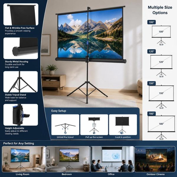 Projektionsleinwand, Stativleinwand (60 Zoll) mit 160 ° Weitwinkel-Projektionsleinwand für den Innen- und Außenbereich, 16:9 4K HD, tragbare Filmleinwand mit Tragetasche für Heimkino-Präsentationen