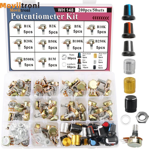 Kit de potentiomètres WH148, 200 pièces, potentiomètres à joint unique avec bouton rotatif b1k 2k 5k 10k 20k 50k 100k 250k 500k 1m