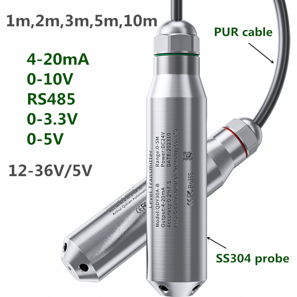 Capteur de niveau d'eau submersible 1m 2m 3m 5m 4-20mA pour réservoir, puits, piscine, transmetteur de niveau 0-10V RS485
