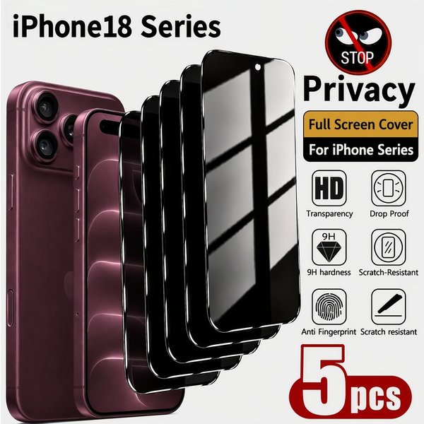5 Stück Displayschutzfolie aus gehärtetem Glas mit Blickschutz, für iPhone Duo/iPhone 18/iPhone 18 Pro Max/18 Pro, 9H+ Härte, Anti-Fingerabdruck,