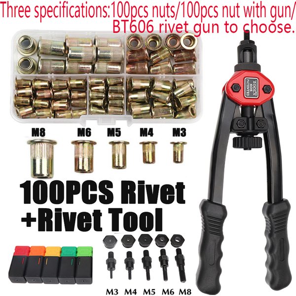 100pcs Rivet Nut +Hand Threaded Rivet Nuts Gun BT606 M3 M4 M5 M6 M8 Double Insert Manual Riveter Gun Riveting Rivnut Rivet Tool