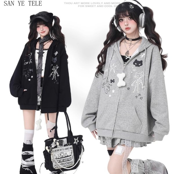 Katze Ohr Strap Hut Zipper Hoodie Mantel Frauen Nette Gemütliche Y2k Lose Sweatshirt Cartoon Knochen Druck Süße Coole Casual Jacken Tops