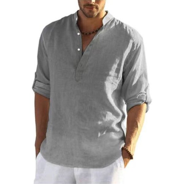 Chemise ample décontractée pour hommes, col montant, en pur coton, manches longues, couleur pure, grand vêtement pour hommes
