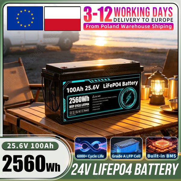 Batterie LiFePO4 Grade A 24V 100Ah 150Ah, 6000+ cycles profonds, cellules rechargeables au lithium fer phosphate 25.6V, BMS 8S 100A intégré pour camping-car, solaire, marine, hors réseau, stockage