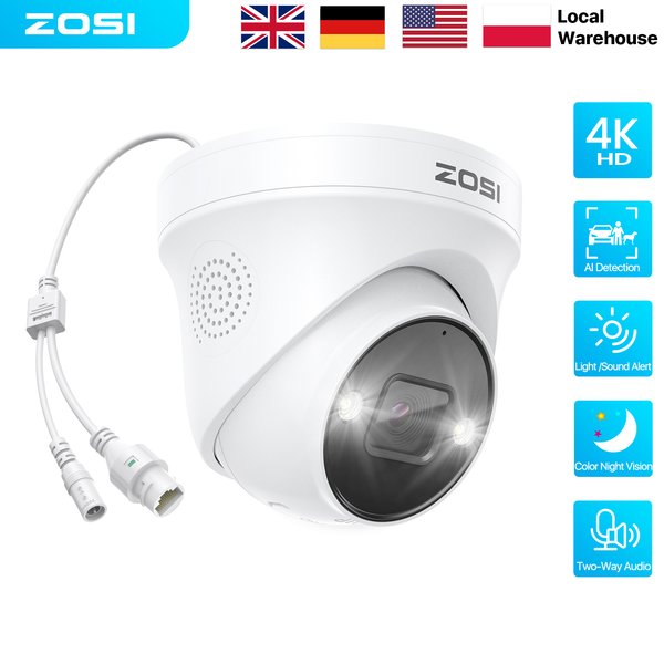 ZOSI 4K 8MP PoE Zusatz-Sicherheitskamera für den Außen- und Innenbereich, Person- und Fahrzeugerkennung, Farbnachtsicht, Zwei-Wege-Audio, nur kompatibel mit ZOSI 4K PoE NVR-Systemen